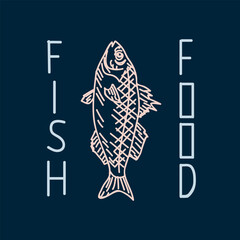 Illustration with a Fish. Beautiful linear illustration with the name Fish food. Fish for the restaurant menu. Vector illustration