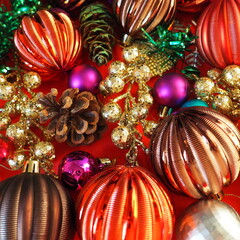 Christmas background with Christmas decorations, holiday balls, bells, bows, fir cone, Christmas...