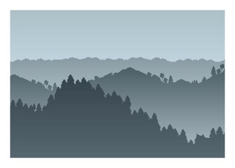 Misty mountain and forest silhouette. Simple flat illustration.