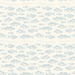 Beautiful Fish background on white background. A variety of marine and river animals for textiles. Fish pattern for seafood food poster. Vector illustration