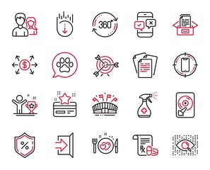 Vector Set of Business icons related to Full rotation, Target and Phone survey icons. Documents, Exit and Couple signs. Winner cup, Artificial intelligence and Loyalty card. Pets care, Hdd. Vector