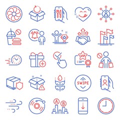 Business icons set. Included icon as Yummy smile, Gluten free, Windy weather signs. Ab testing, Restaurant app, Deal symbols. Delivery warning, Stop shopping, Add gift. Flags, Time. Vector