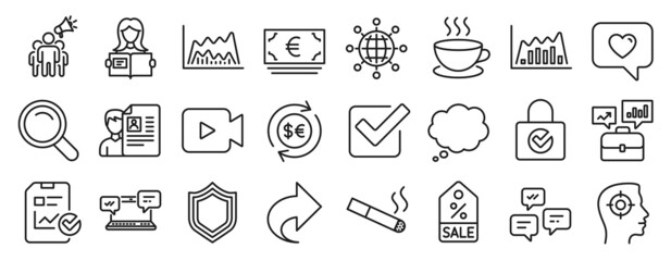 Set of line icons, such as Security, Euro currency, Job interview icons. Money currency, Share, Password encryption signs. Search, Trade chart, Cappuccino. Love message, Chat messages. Vector
