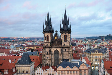 Fototapeta premium Top view of the Church of Our Lady before Tyn