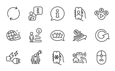 Technology icons set. Included icon as User call, Electricity plug, Loan percent signs. Air conditioning, Video conference, Brand ambassador symbols. World mail, Stars, Full rotation. Vector