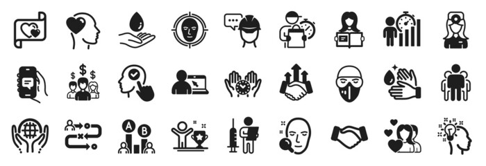 Set of People icons, such as Journey path, Couple, Deal icons. Organic tested, Medical mask, Vaccination announcement signs. Delivery man, Handshake, Wash hands. Select user, Love letter. Vector