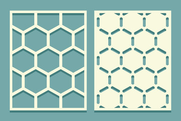 Cutting templates set. Die and laser cut screen panels. Stencil with honeycombs pattern For drawing, plaster and painting walls or floors. Set of cliche direct and inverse patterns