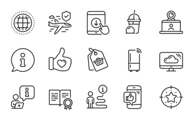 Business icons set. Included icon as Cloud storage, Flight insurance, Mobile like signs. Star target, Refrigerator, Certificate symbols. Globe, Scroll down, Video conference. Sale tag. Vector