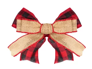 Foto op Canvas Christmas burlap bow with red and black buffalo plaid check ribbon underneath isolated on a white background © Jenifoto
