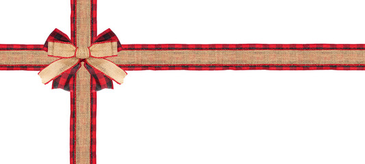 Christmas burlap bow with red and black buffalo check ribbon underneath. Box shape isolated on a...