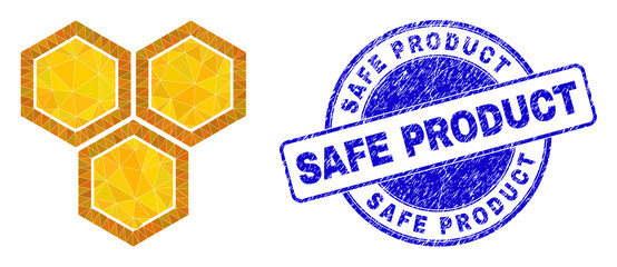 Low-Poly polygonal honeycomb 2d illustration with Safe Product dirty seal print. Blue stamp seal includes Safe Product text inside circle form. Honeycomb icon filled with triangles.