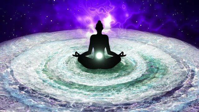 Yoga meditation silhouette activates chakra energy with water wave effect