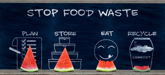 Stop food waste text, ways to reduced food waste using watermelon, reduce carbon footprint through...