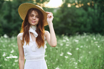 Cheerful attractive woman summer nature flowers vacation