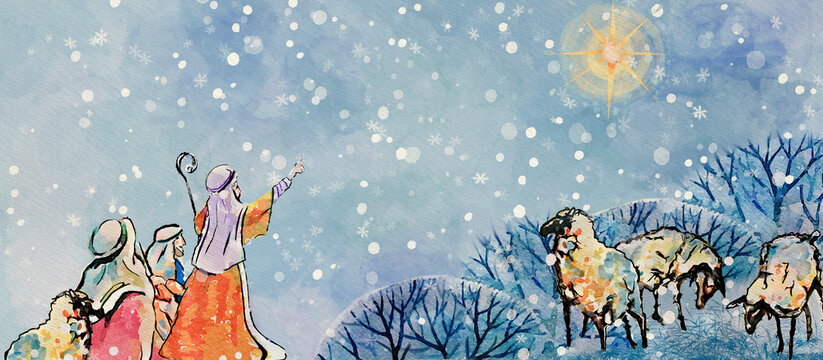  Nativity scene, shepherds. Watercolor background, greeting card