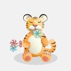 Cute tiger character licks lollipop isolated. Vector flat style with gradient.