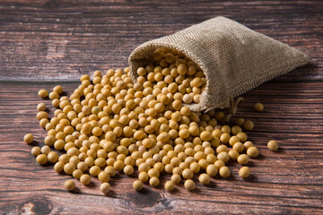 Soybean seeds on wooden background
