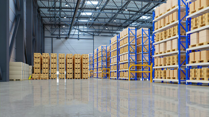 Interior of warehouse in logistic center. - obrazy, fototapety, plakaty