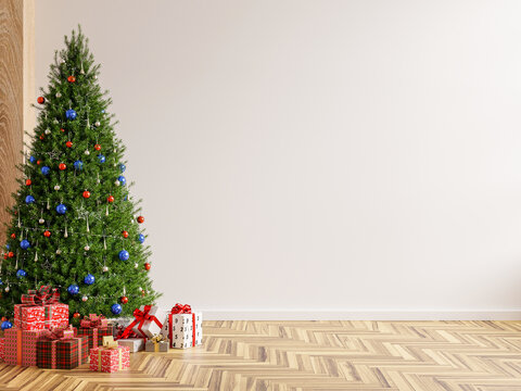 Christmas Tree In Living Room On Empty Light White Wall.