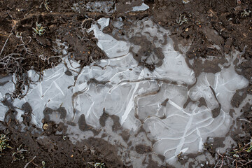 Frozen puddle and frosted mud and grass on a cold autumn morning