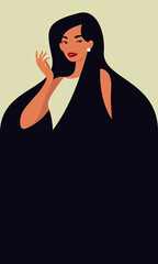 Modern illustration of beautiful brunette  with long hair on light background. Template for cards, greetings, flyer, banner for beauty salon, hair salon or Women's Day, 8th March. 