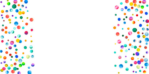 Watercolor confetti on white background. Adorable rainbow colored dots. Happy celebration wide colorful bright card. Tempting hand painted confetti.