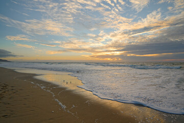 Sunset on the beach in blue and gold colors. Tranquil scene of ocean waves, cloudy sky and beautiful sun reflection