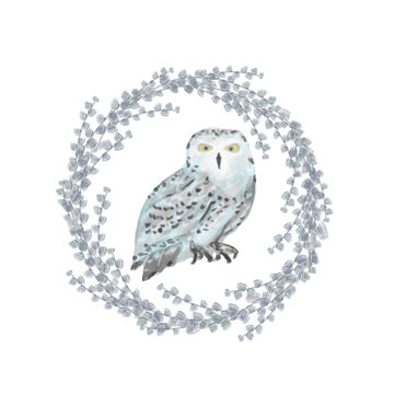 A frame of leaves and branches with an owl . A wreath. New Year's card. Invitations. Congratulatory illustration. Design for a holiday. Illustration for postcards. Printing for printing.