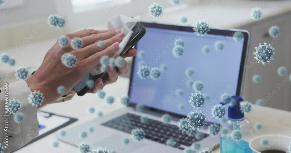 Poster Animation of covid 19 cells over caucasian woman wiping smartphone screen