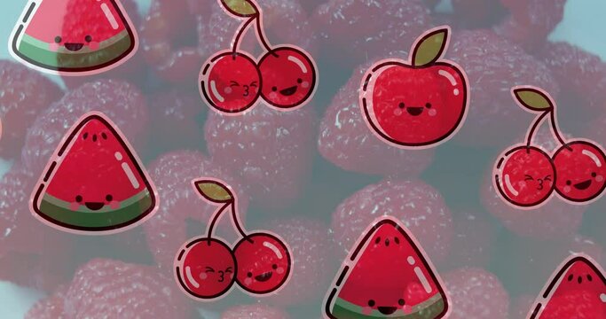 Animation of illustration with fruit over fresh raspberries