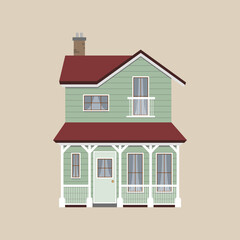 Nowoczesny zielony dom z brązowym dachem, dużymi oknami i drzwiami. Piękny rodzinny dom z białymi poręczami. Urocza chatka na przedmieściach. Wektorowa ilustracja. - obrazy, fototapety, plakaty
