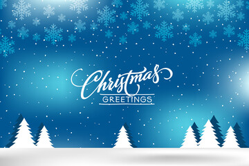 Merry Christmas greeting card. Blue christmas background with a snowflake design and bokeh lights.