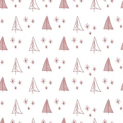 Vector. Christmas and New Year seamless pattern. Design templates for typographic products. Minimalism backgrounds for branding, banner, cover, postcard. Simple hand drawn fir tree and snowflakes. Red