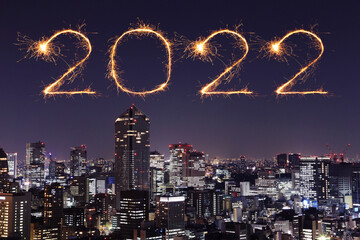 2022 happy new year fireworks over Tokyo cityscape at night, Japan