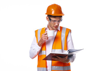 man in work uniform orange helmet safety professional work