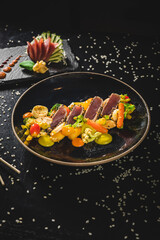 Perfect Sushi Japanese Asian Seafood Food Dish Menu Gourmet Restaurant Chef on Dark Background
