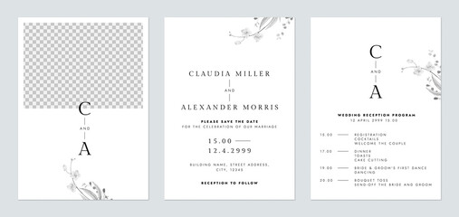 Minimalist modern wedding invitation card set template design, black and white flower bouquet