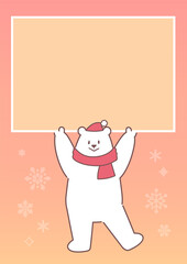 暖かい冬の背景とフレームを持ち上げる白くまのイラスト
