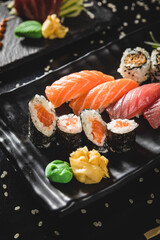 Perfect Sushi Japanese Asian Seafood Food Dish Menu Gourmet Restaurant Chef on Dark Background
