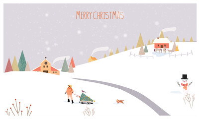 Christmas winter landscape postcard.Retro color of winter countryside landscape with  barn and horses © Paansaeng