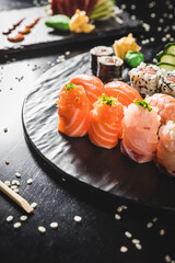 Perfect Sushi Japanese Asian Seafood Food Dish Menu Gourmet Restaurant Chef on Dark Background
