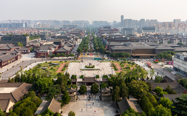 Aerial view of the landscape of the ancient city from Giant Wild Goose Pagoda, Xi'an, Shaanxi, China.