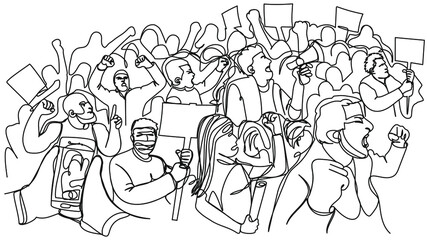 Big protest in one line on a white background. Evil people came out with posters and slogans. The mass dissatisfied with politics. Vector illustration of a riot. Uncontrolled march of football fans.