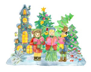 Watercolor illustration with family choir singing carols by church and decorated conifers isolated on white