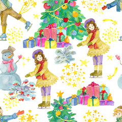 Obraz na płótnie Canvas Seamless patterns with skating boy and girl, decorated conifer and snowman on white background