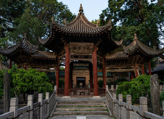 Phoenix Pavilion at Historic Great Mosque in Chinese style at Muslim Quarter, Xi'an, Shaanxi, China, first build in 8th Century. Heirtage and tourist attraction.