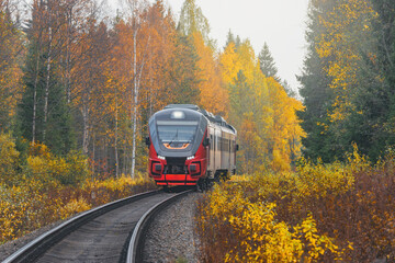 Fototapeta na wymiar Passenger diesel local train moves to Sortavala at autumn day time. Karelia. Russia.