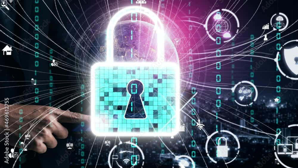 Poster cyber security encryption technology to protect data privacy conceptual . 3d render computer graphic