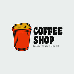 VIntage coffee shop logo design with cup hand gesture and coffe maker stuff retro style