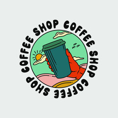 VIntage coffee shop logo design with cup hand gesture and coffe maker stuff retro style